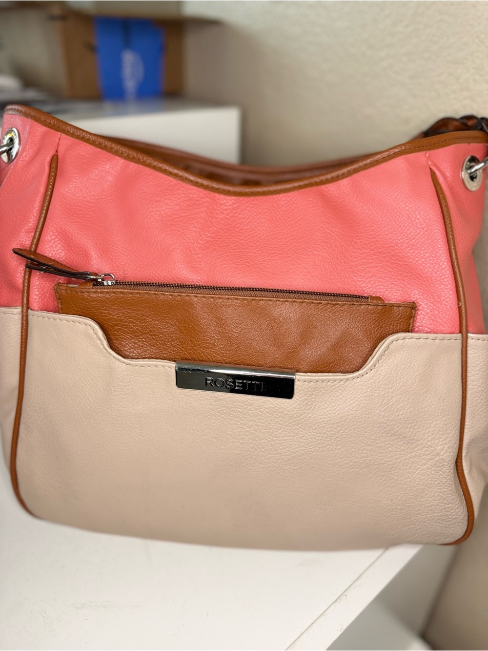 Rosetti Colorblock Hobo Shoulder Bag Pink Beige Brown Faux Leather Multi Pocket